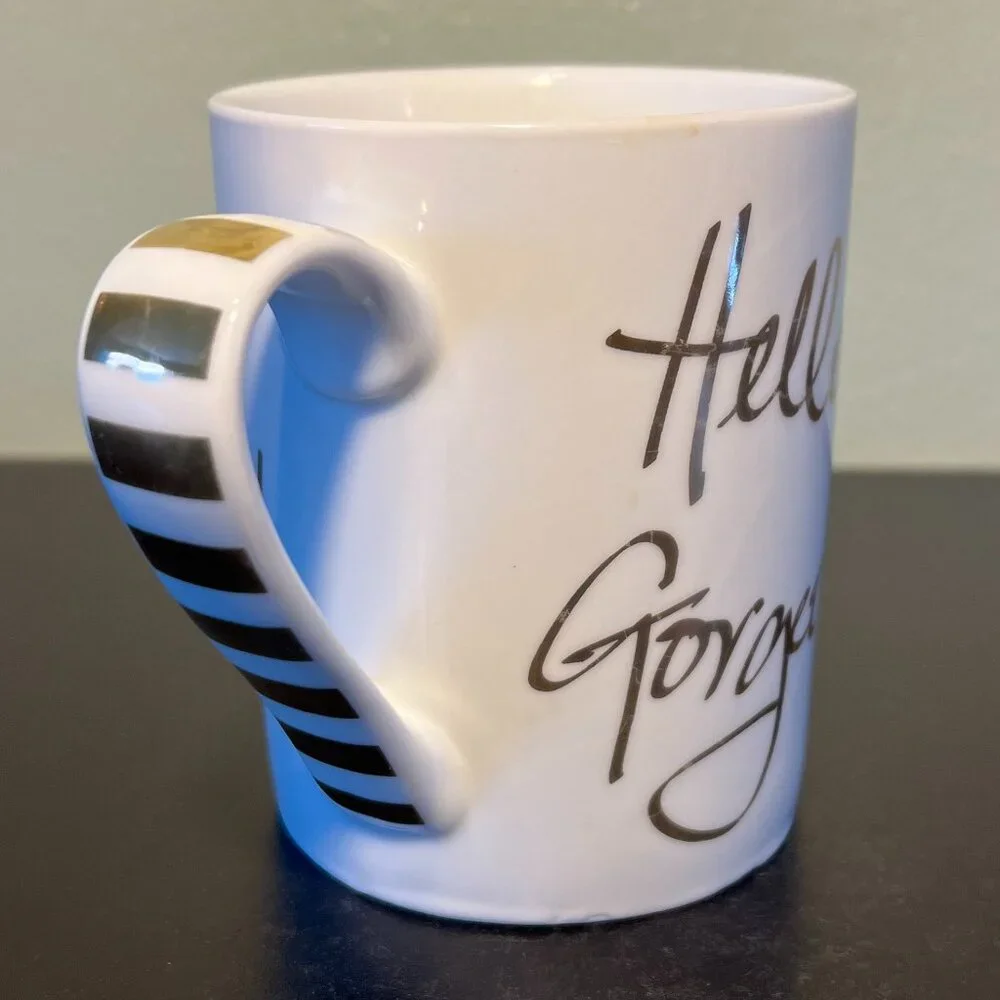 Pier 1 Hello Gorgeous Gold Ceramic Coffee Mug 14oz White Metallic Script